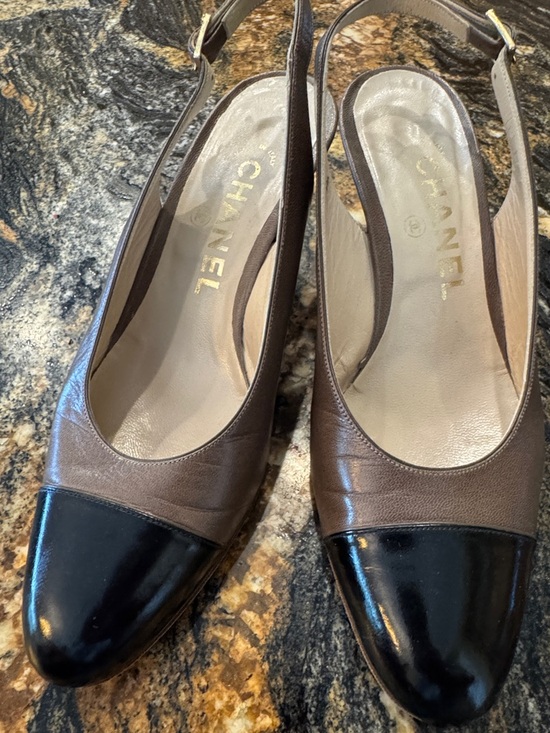 CHANEL Shoes - CHANEL Brown Leather Slingback Mules with Black Cap Toe